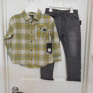 NWT 2pc Volcom Beige Yellow Blue Plaid Flannel Shirt & Jeans Set sz 6